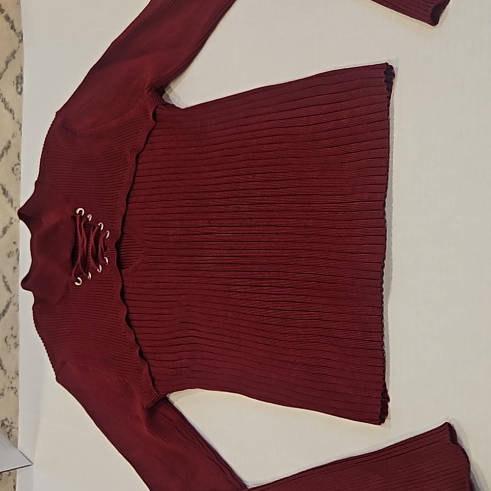 Burgundy Red Ribbed Stretchy Sweater with keyhole cut out